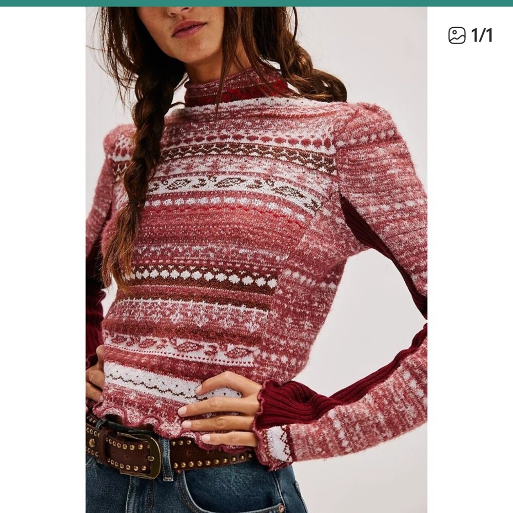 Free People Red & White Fair Isle Turtleneck Sweater